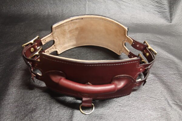Interior view of the Burgundy English Bridle leather Owned Riding Belt showing the light leather lining and finished construction.