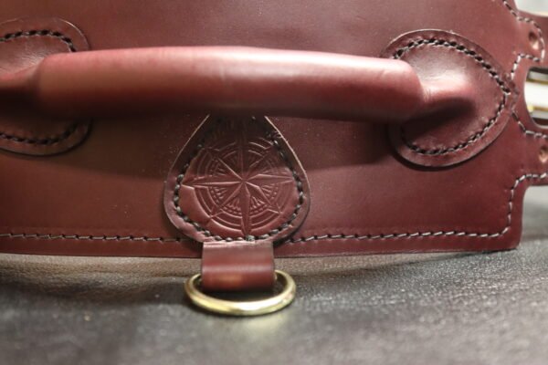 Close rear view of the Burgundy English Bridle leather Owned Riding Belt showing the structured back panel and integrated handle.