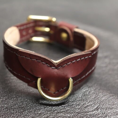 Burgundy leather Drop Tip Sigil Collar with solid brass hardware.