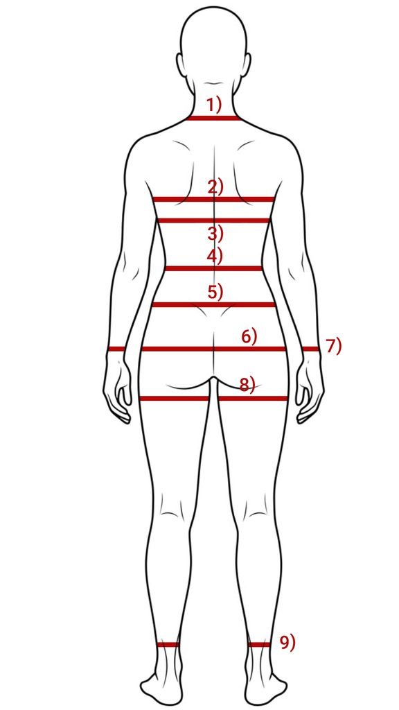 Back-view sizing diagram for a feminine body shape with measurement reference points.