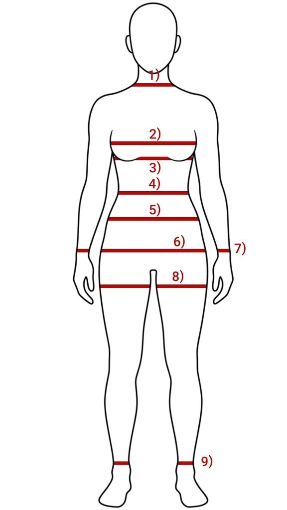 Front-view sizing diagram for a feminine body shape with measurement reference points.