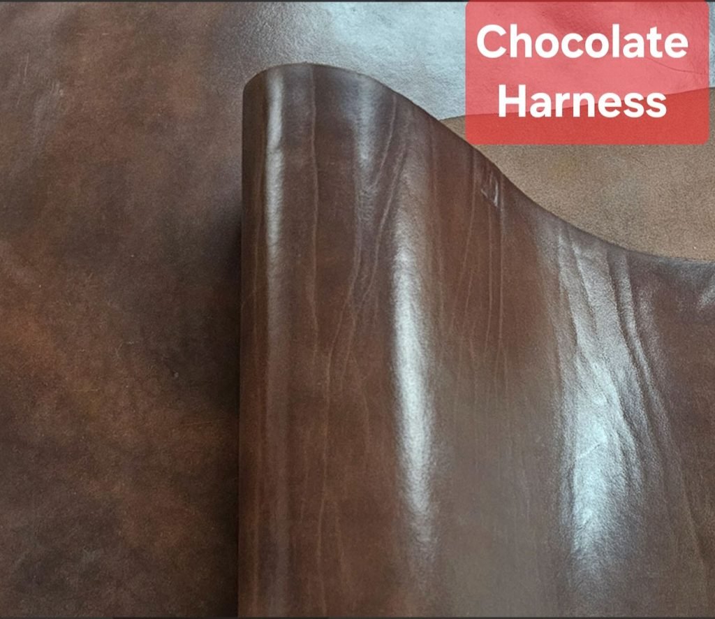 Chocolate brown harness leather color sample.