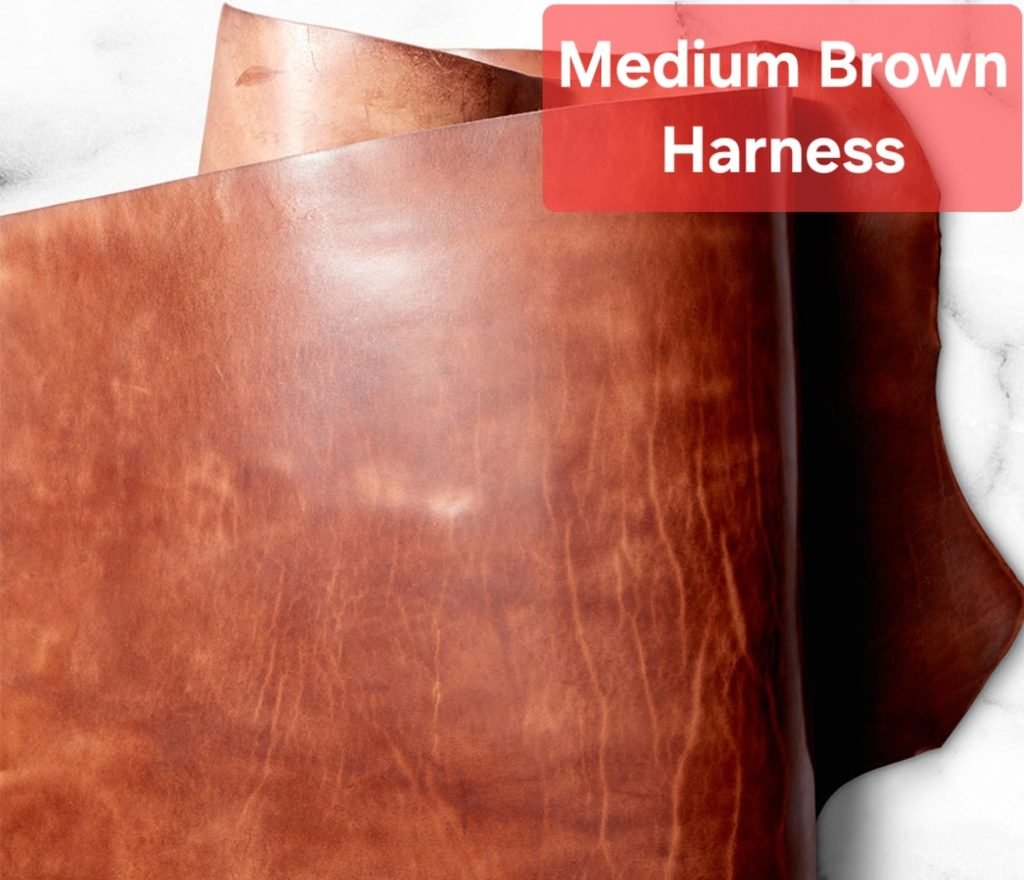 Medium brown harness leather color sample.