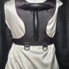 Harness v2.3 - on Mannequin Black - Back Black leather Owned Riding BDSM Harness with red stitching, horizontal and vertical handles, two D-ring attachment points, and custom embossing.