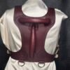 Harness v2.3 - on Mannequin Burgundy - Back Burgundy English Bridle leather Owned Riding BDSM Harness with solid brass D-rings, shown from the rear with horizontal and vertical control handles.