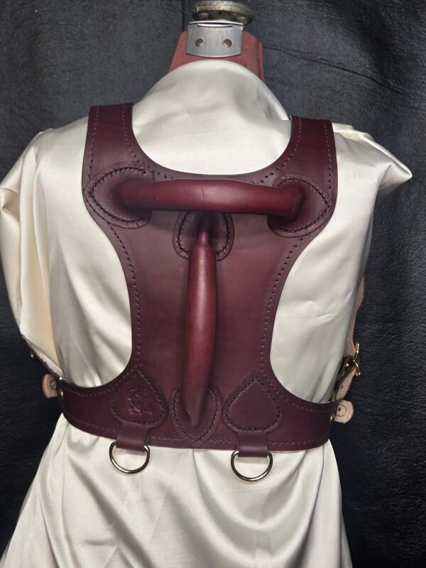 Harness v2.3 - on Mannequin Burgundy - Back Burgundy English Bridle leather Owned Riding BDSM Harness with solid brass D-rings, shown from the rear with horizontal and vertical control handles.