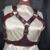 Harness v2.3 - on Mannequin Burgundy - Front Burgundy English Bridle leather Owned Riding BDSM Harness with solid brass rings, rivets, and buckles, shown from the front with adjustable chest and torso straps.