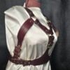 Harness v2.3 - on Mannequin Burgundy - Front 45degree Burgundy English Bridle leather Owned Riding BDSM Harness with solid brass buckles and hardware, shown from the front three-quarter view with adjustable chest and torso straps.