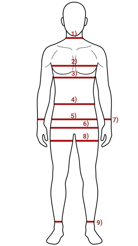 Front-view sizing diagram for a masculine body shape with measurement reference points.